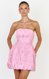 Strapless Lace Up Back A Line Dress in Pink
