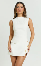 Sleeveless High Neck Faux Wrap Tulip Dress in Cream