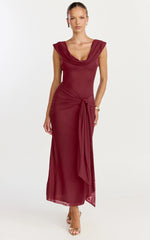 Cowl Neck Tie Detail Dress in Wine