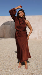 Esther One Shoulder Long Sleeve Dress - Brown