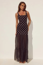 TILLIE SHEER BOTTOM MAXI DRESS - BLACK/WHITE POLKA