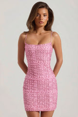 Embellished Scoop-Neck Bodycon Mini Dress in Pink