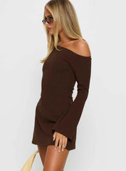 Adrietta Long Sleeve Off Shoulder Mini Dress Brown