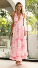 Kathy Halter Neck Maxi Dress - Baby Pink Floral