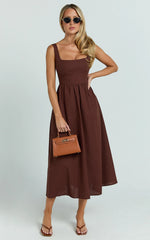 Linen Look Square A Line Dress in Chocolate
