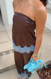 Shirley Brown Satin Lace Trim Strapless Top
