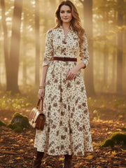 Floral Print V-Neck Long Sleeve Casual Pocket Vacation Maxi Dress