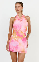Halter Cowl Neck Dress in Hot House Orchid Print