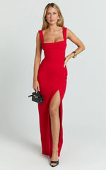 Cowl Neck Column High Split Dress in Red