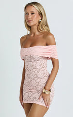 Lace Off Shoulder Bodycon Dress in Pink