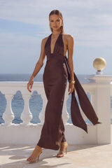 SYLVIE PLUNGE V-NECK MAXI DRESS - BITTER CHOCOLATE