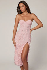 Lace-Up Corset Midaxi Dress with Split in Soft Pink
