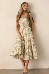 Green Floral Smocked High Waist Tiered Midi Dress