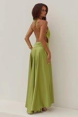 AMADINE DEEP V PLUNGE MAXI DRESS - OLIVE
