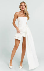 Strapless Corset Bodice Draped Waist Dress in White