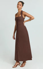 Square Neck Button Front Shift Dress in Chocolate