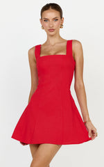 Linen Square Neck Shirred Back A Line Dress in Red