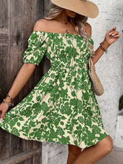Short-sleeved Printed Off-shoulder Ruffle Dress