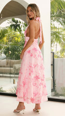 Kathy Halter Neck Maxi Dress - Baby Pink Floral