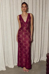 MAURA BACK CUTOUT LACE MAXI DRESS - WINE