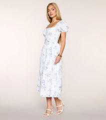 Day Date Floral Print Puff Sleeve Midi Dress