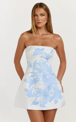 Strapless Jacquard Placement Floral A Line Dress in Blue