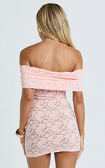 Lace Off Shoulder Bodycon Dress in Pink