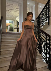 Simple Brown Spaghetti Straps A Line Prom Dress Party Dress