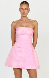 Strapless Jacquard Placement Floral A Line Dress in Pink