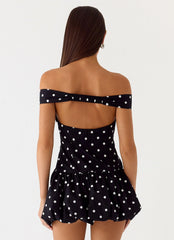 Endless Romance Off Shoulder Mini Dress - Black Polkadot