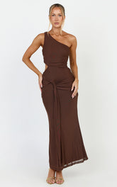 Knot Detail Cut Out Mesh Midi Dress in Chocolate