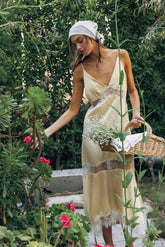 Val Lace Satin Slip Yellow Midi Dress