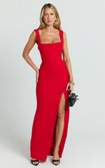 Cowl Neck Column High Split Dress in Red