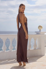 SYLVIE PLUNGE V-NECK MAXI DRESS - BITTER CHOCOLATE