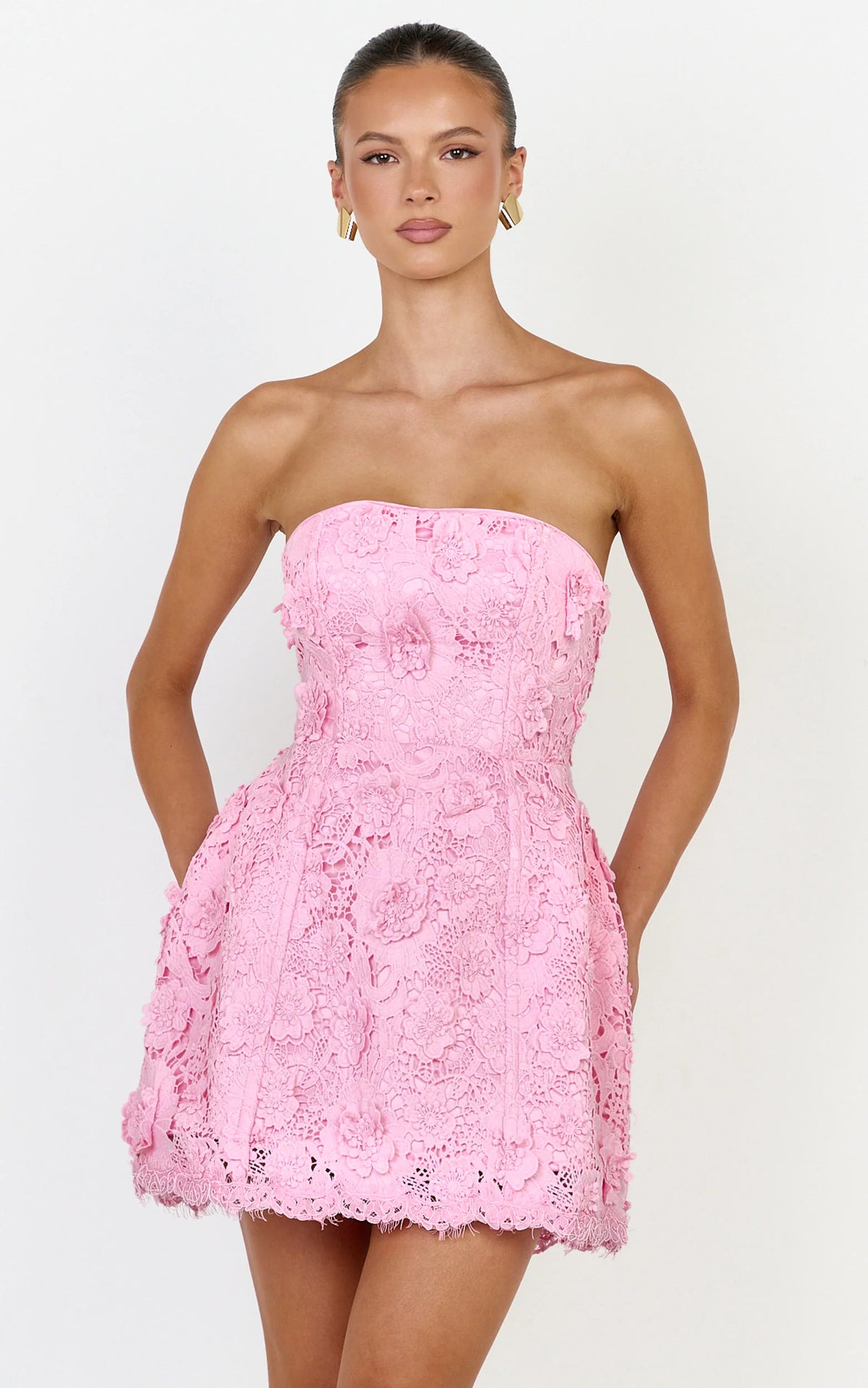 Strapless Lace Up Back A Line Dress in Pink