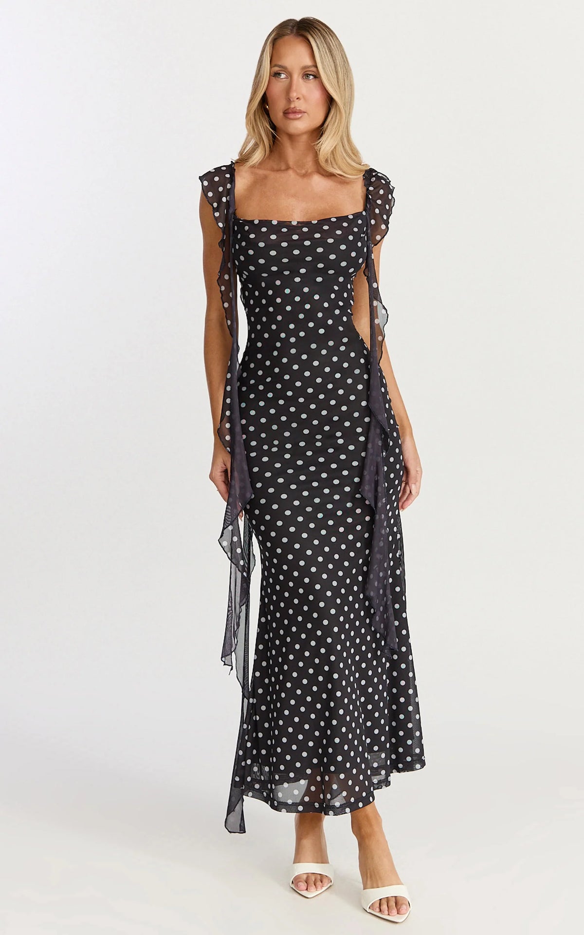 Ruffle Strap Dress in Black Polkadot