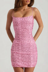 Embellished Scoop-Neck Bodycon Mini Dress in Pink