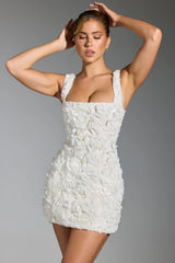 Floral-Appliqué Square-Neck Corset Mini Dress in White