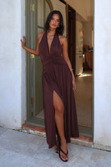 Tanya Halterneck Ruched Maxi Dress Chocolate