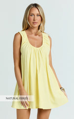 Deep U Gathered Neck Smock Dress in Lemon