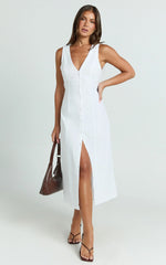 Button Through V Neck Dress in White