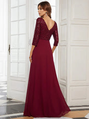 Sexy V Neck A-Line Sequin Evening Dresses with 3/4 Sleeve