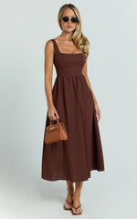 Linen Look Square A Line Dress in Chocolate