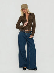 Kinori Long Sleeve Zip Down Top Brown Check