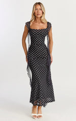 Ruffle Strap Dress in Black Polkadot