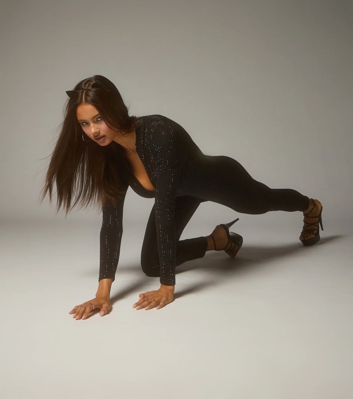 Feline Fierce Rhinestone Zip-Up Catsuit
