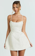 Scoop Neck Panel Bodice Dress in White Polka Dot