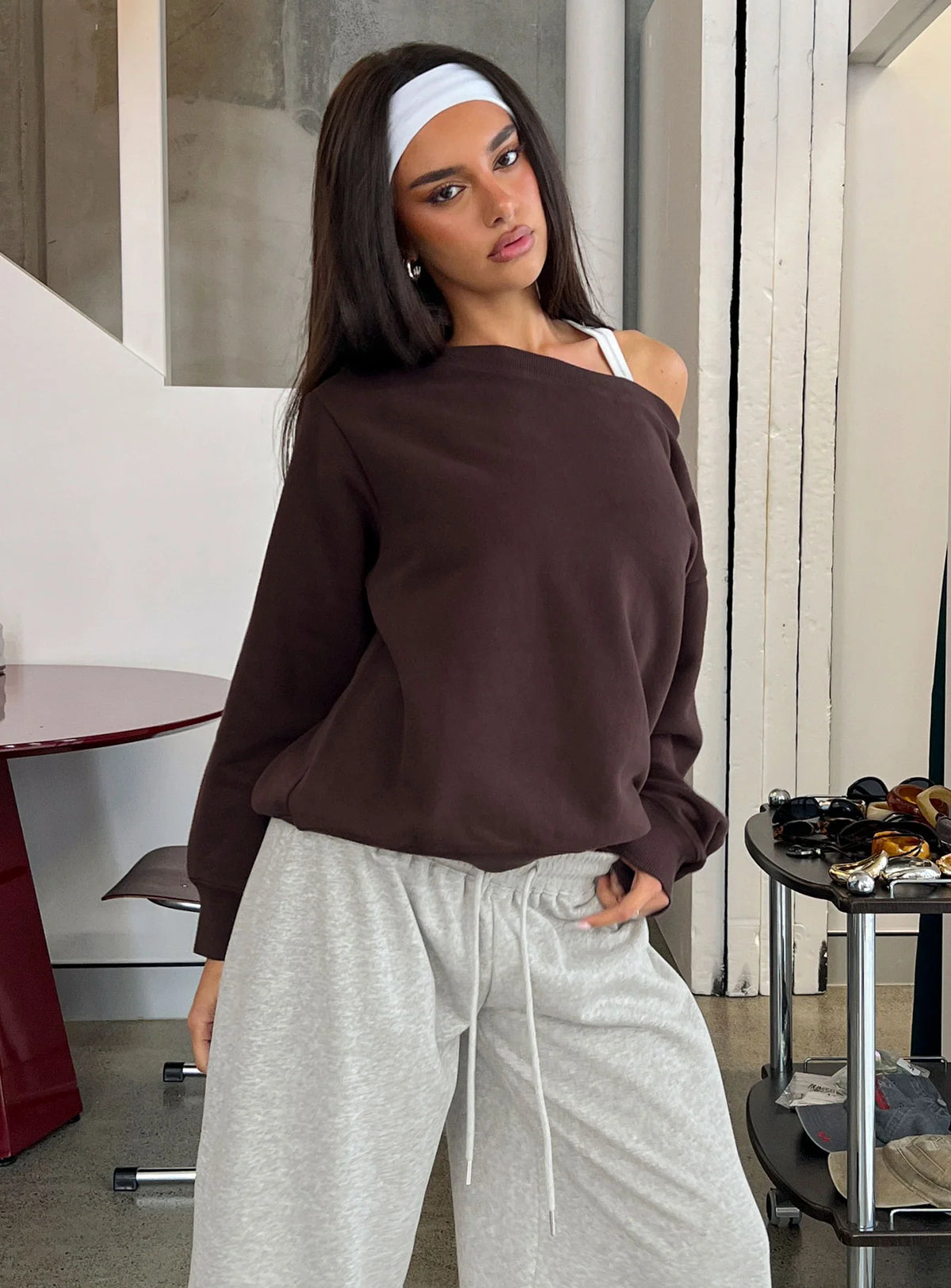 Wellness Off The Shoulder Sweatshirt Brown