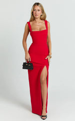 Cowl Neck Column High Split Dress in Red