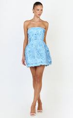 Strapless Lace Up Back A Line Dress in Blue